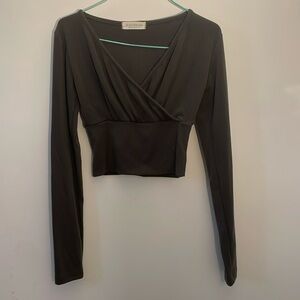 Dark Grey-Olive Cropped long sleeve v-neck top